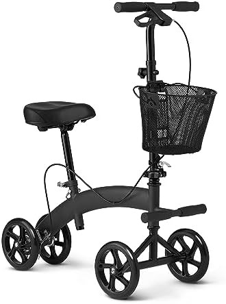 Black seated mobility scooter and knee walker